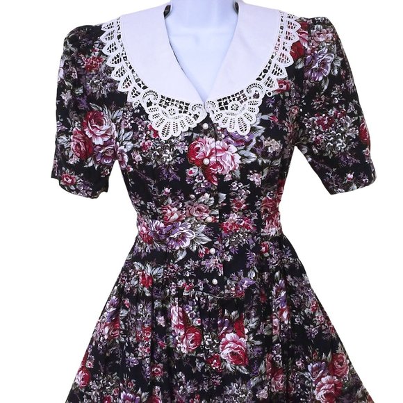 80's Brandywine Creek Dark Floral Prairie Dress Granny Lace Collar 9/10 Puffy SS - Picture 2 of 12